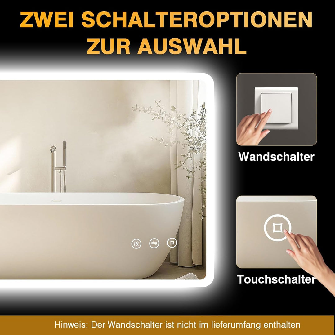 80x60 cm LED Badspiegel mit Beleuchtung – Dimmbare, Antibeschlag, 3 Lichtfarben, IP44, Speicherfunkt