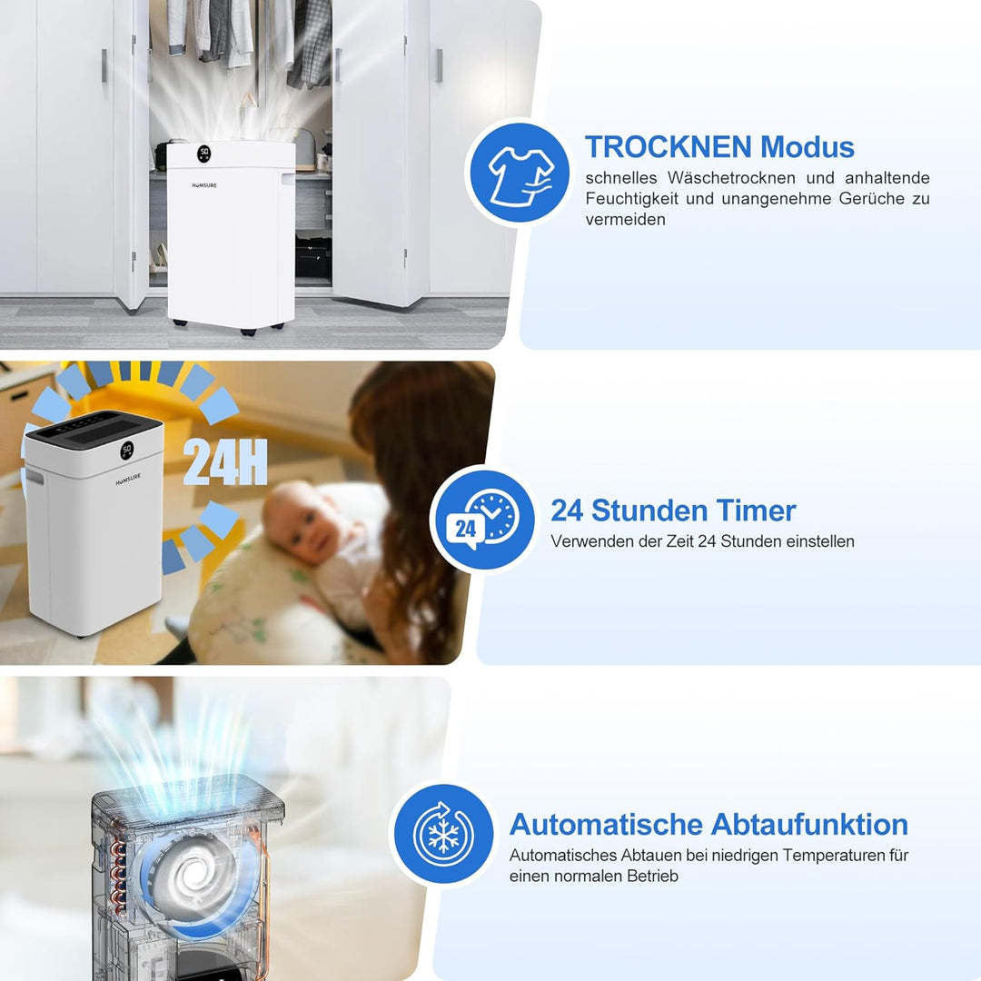 Luftentfeuchter 20L, Luftentfeuchter Kellerräume 200m³ (~50 m²) mit Digitalanzeige, Timer, Automatis
