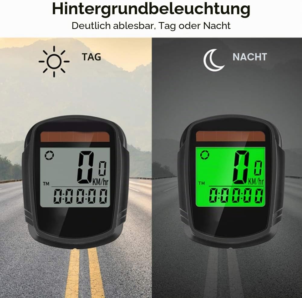 HERCHR Fahrradcomputer Mit Solarenergie, Fahrradgeschwindigkeitsmesser Und Kilometerzähler, Kabellos