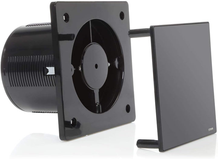 STERR Schwarzer Badlüfter 150 mm mit HYGROSTAT - Badezimmerventilator - Glasfront - Modernes Aussehe