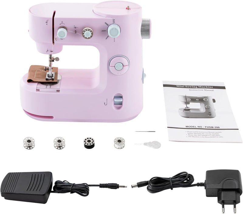 SABUIDDS Nähmaschine Rosa für Anfänger und Kinder, mit Hand- und Fusspedal, 5 Nähprogramme für Häuse