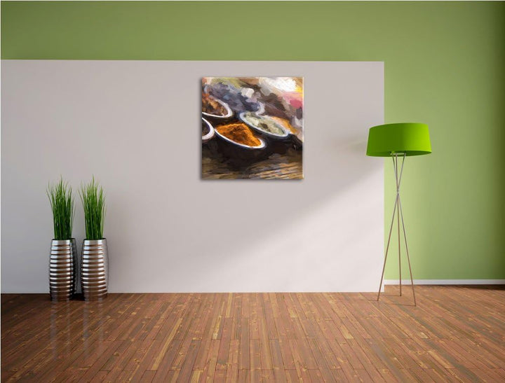 Pixxprint Gewürzvielfalt auf Holztisch als Leinwandbild/Grösse: 70x70 cm/Wandbild/Kunstdruck/fertig