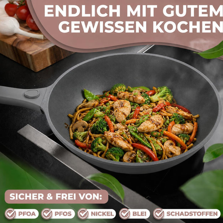 Wokpfanne mit Deckel 28 cm [abnehmbaren Griffe &amp; Antihaftbeschichtung] PFOA-frei, für Induktion geei