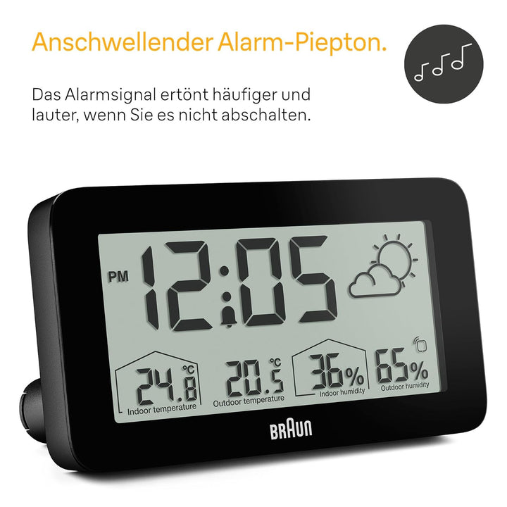 Digitale Braun-Wetterstationsuhr mit Anzeige von Innen- und Aussentemperatur sowie Luftfeuchtigkeit,