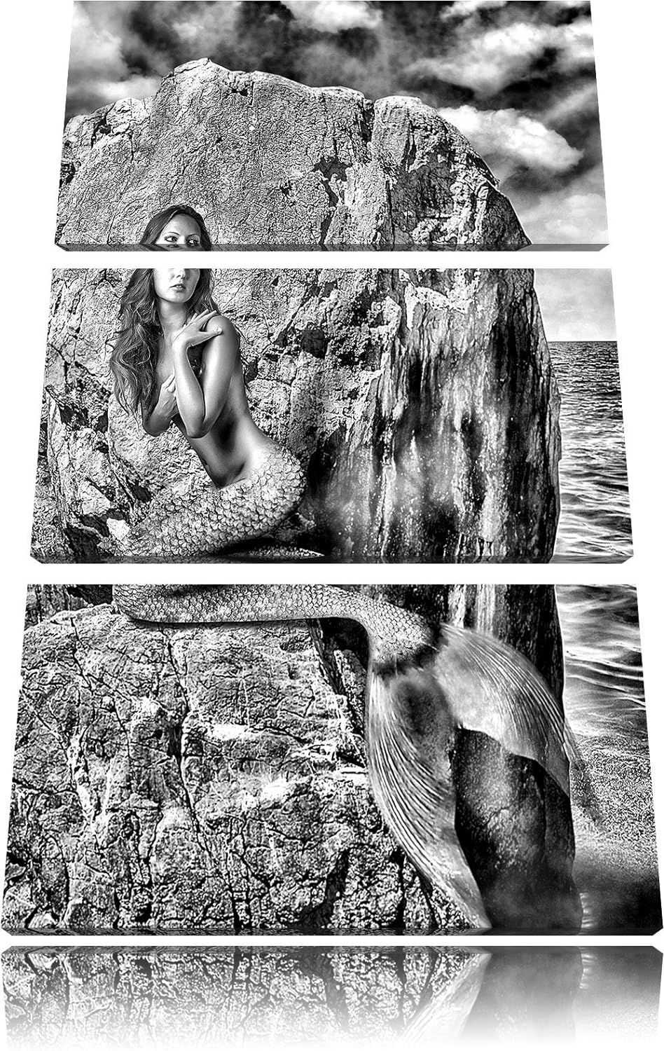 Pixxprint Meerjungfrau hinter Felsen als Leinwandbild/Grösse: 3 Teilig (120x80) cm/Wandbild/Kunstdru
