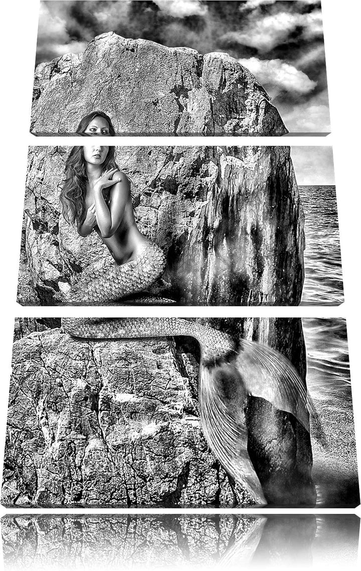 Pixxprint Meerjungfrau hinter Felsen als Leinwandbild/Grösse: 3 Teilig (120x80) cm/Wandbild/Kunstdru