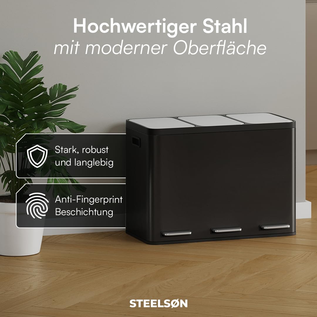 STEELSØN Epsilon Mülleimer 3 Fächer – Mülltrennsystem Küche 3x15L aus Edelstahl Schwarz – Tretmüllei
