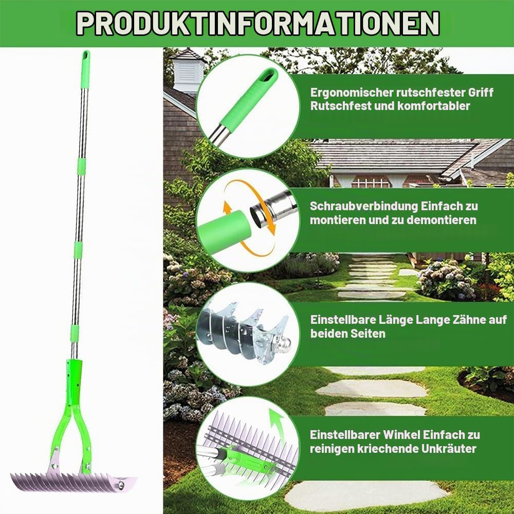 Vertikutierer Rechen mit Stiel 170cm, Metall Schneidrechen Garten, Abnehmbar, Verstellbarer Vertikut
