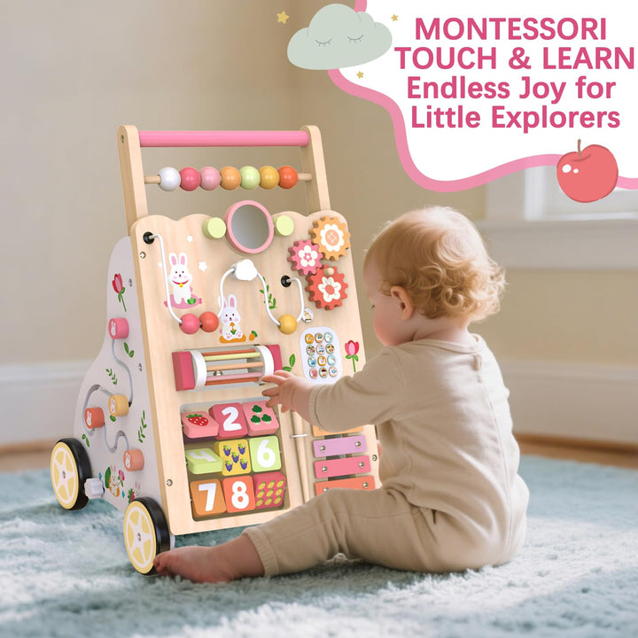 Lauflernwagen aus Holz für Mädchen und Jungen, Montessori-Aktivitätszentrum für Babys, einstellbare