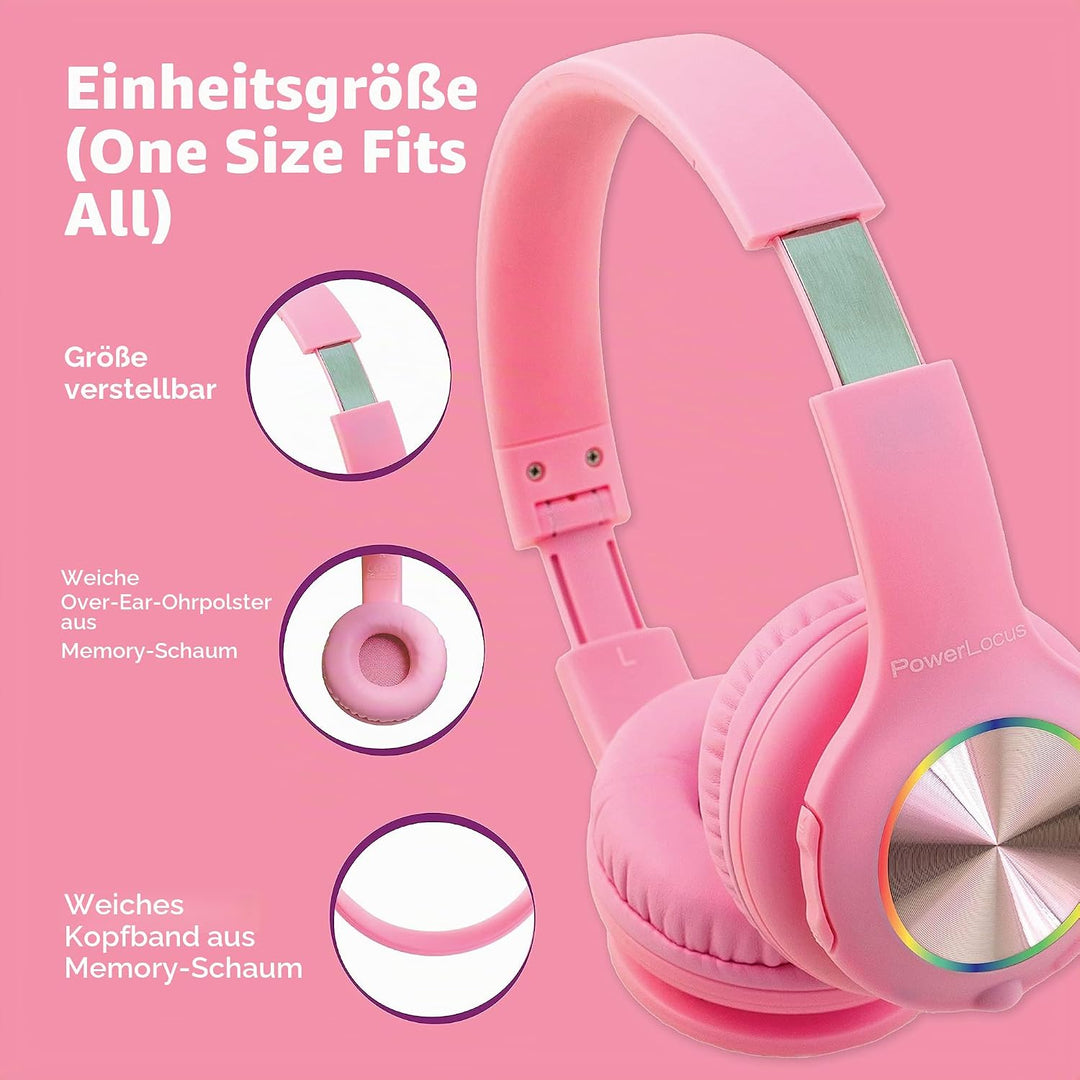 PowerLocus Kinderkopfhörer Bluetooth, Kinder Kopfhörer Kabellos mit LED-Leuchten und 94DB Lautstärke
