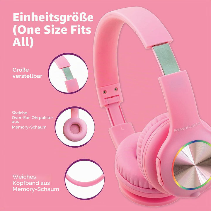 PowerLocus Kinderkopfhörer Bluetooth, Kinder Kopfhörer Kabellos mit LED-Leuchten und 94DB Lautstärke