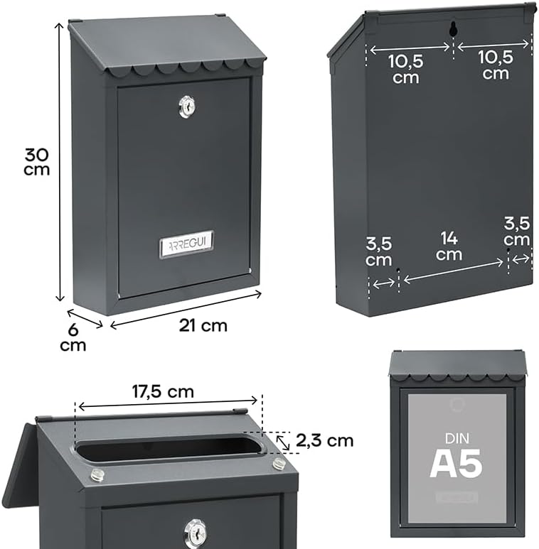 ARREGUI Civic E5725-C Aussenbriefkasten aus Stahl, Grösse S (Din A5), kleiner Wandbriefkasten, einze