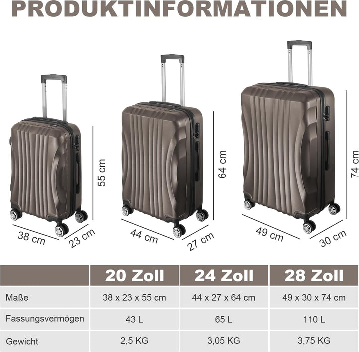 Hartschalenkoffer Set 3 Teilig, Kratzresistente ABS-Hartschale, 55 64 74 cm, 360-Grad-Doppelrollen,