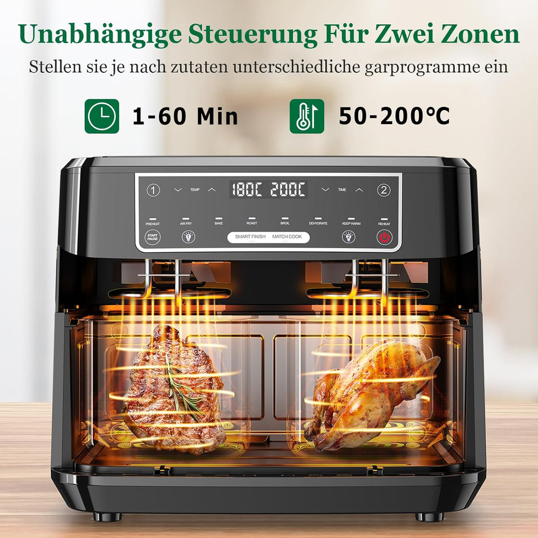 Heissluftfritteuse 2 Kammern | 10L Airfryer mit Sichtfenster Zweizonen Temperatur Separat Regeln, 8-