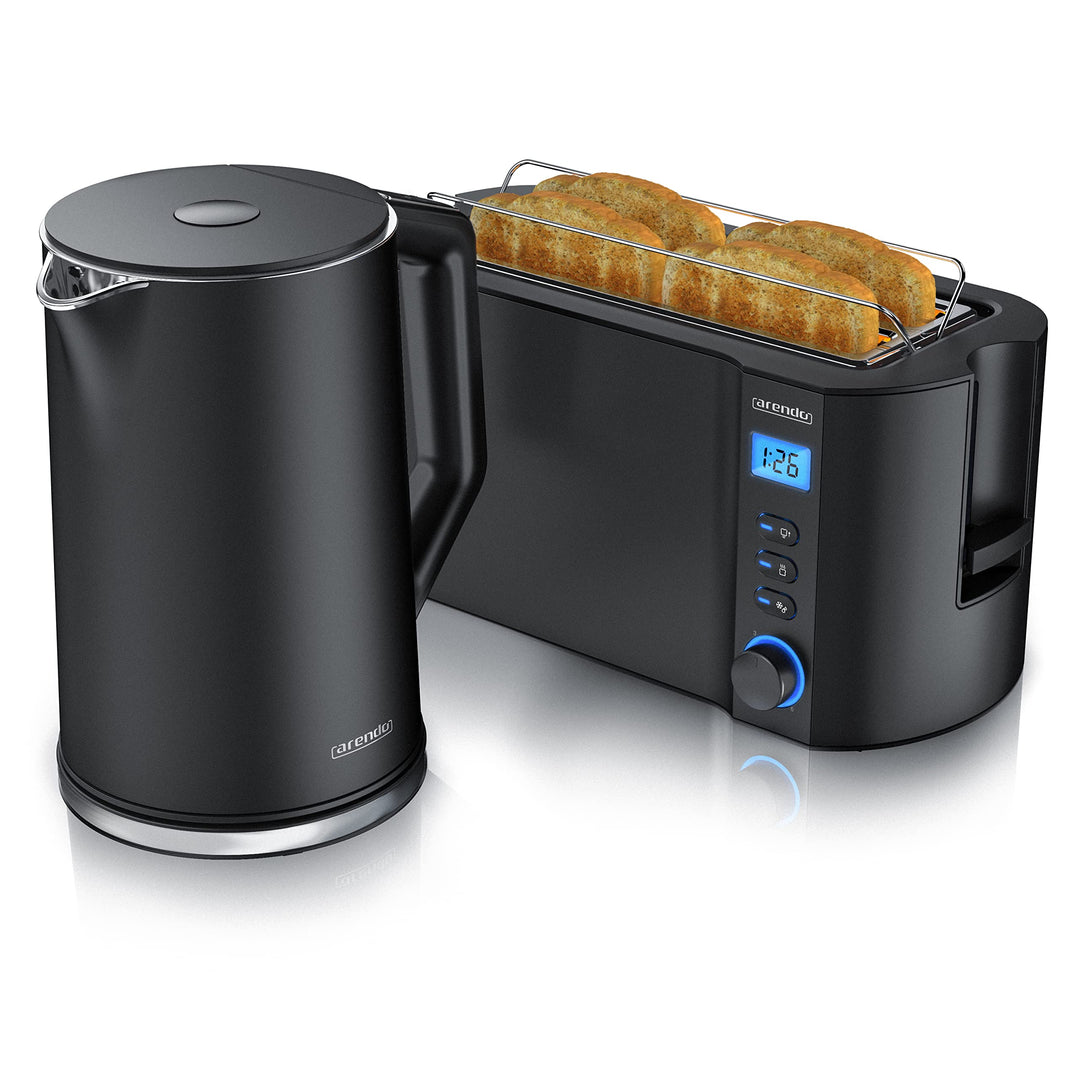 Arendo - Wasserkocher und Toaster SET Edelstahl Schwarz Wasserkocher 1,5L 40° 100°C Warmhaltefunktio