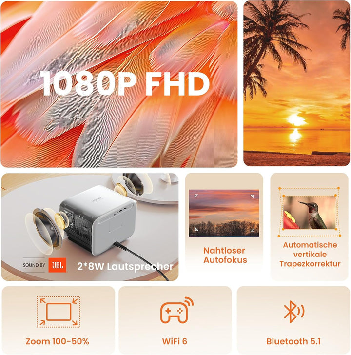 Beamer Sound by JBL, 700 ANSI 1080P Native Projektor, Yaber L2s Nahtloser Autofokus Smart Beamer, Vi