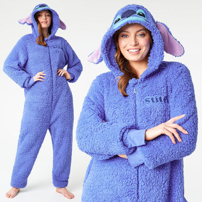 Disney Stitch Onesie Damen & Teenager, Lilo und Stitch Fleece Einteiler Damen mit Kapuze & Ohren Ges