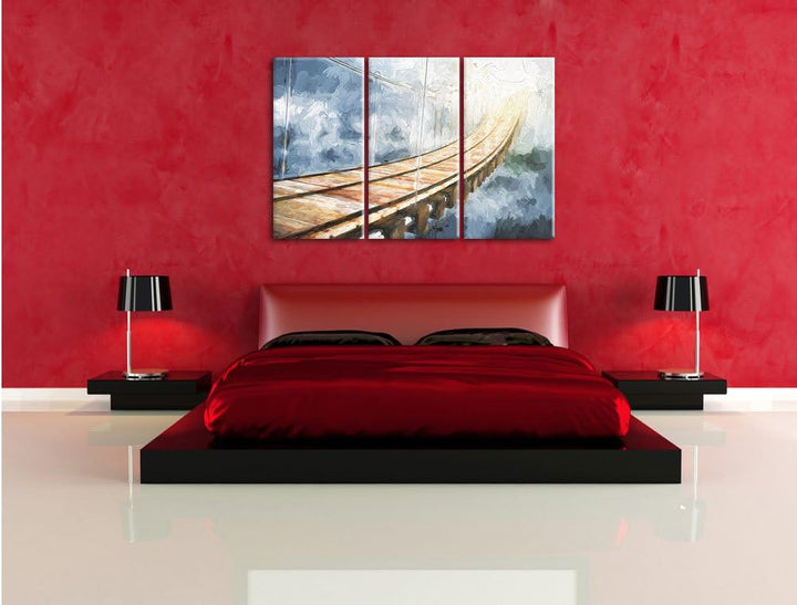 Pixxprint Hölzerne Brücke in den Wolken / 3-Teilig/Gesamtmass 120cm Leinwandbild bespannt auf Holzra