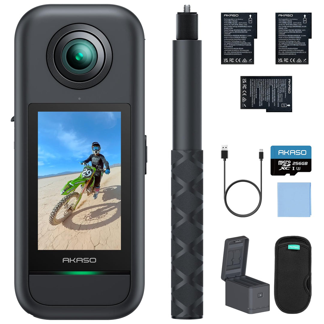 AKASO 360° Action Cam Creator-Set - 5.7K 72MP 360 Grad Actionkamera mit 256GB Speicherkarte Duale 1/