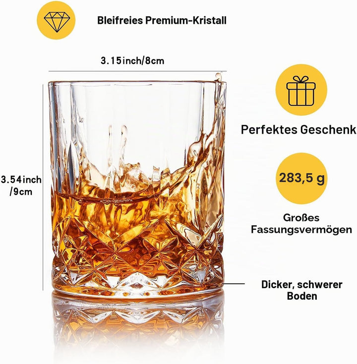 GLASKEY Whisky Gläser 4er Set,320ml Bleifreie Kristallwassergläser,Cocktail Rum Wodka Scotch Gin Cog