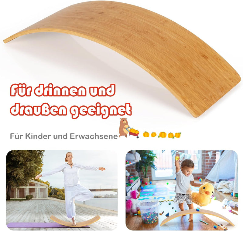 GYMAX Balance Board 90 x 30 cm, Balancierbrett aus Bambus, Wackelbrett für Gleichgewicht & Fitness,