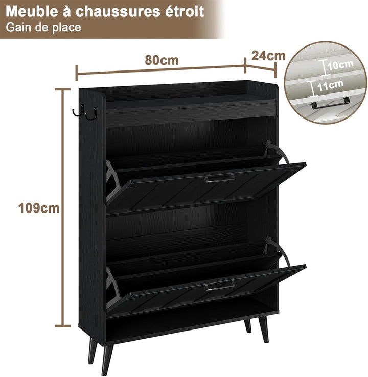 Schuhschrank Schmal mit 2 Klappschubladen, Landhausstil Schuhaufbewahrung für Flur Wohnzimmer, Kipps