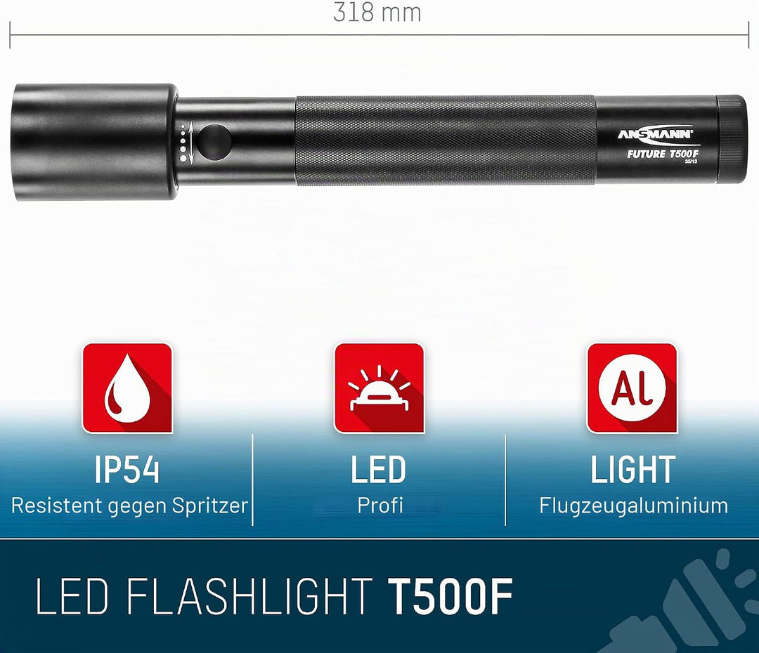 ANSMANN LED Taschenlampe T500F mit 970 Lumen - Handlampe stufenlos fokussierbar, robust, dimmbar, 19