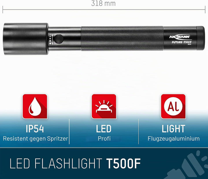 ANSMANN LED Taschenlampe T500F mit 970 Lumen - Handlampe stufenlos fokussierbar, robust, dimmbar, 19