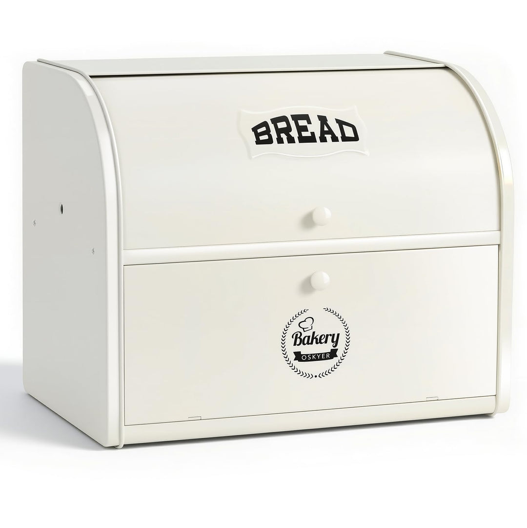 Edelstahl Brotkasten 2 Etagen mit Rolltop Deckel, extragrosser Brotbox Schwarz, Metall Brotbehälter