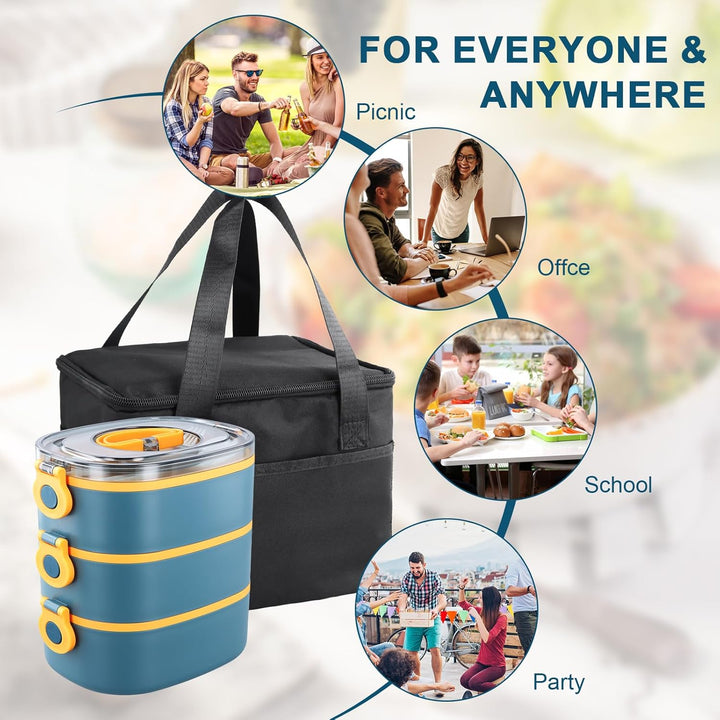 3 in 1 Lunchbox mit Fächern, Bento Box 2800ml mit Tasche, Auslaufsichere Essensbox 3 Lagen Stapelbar