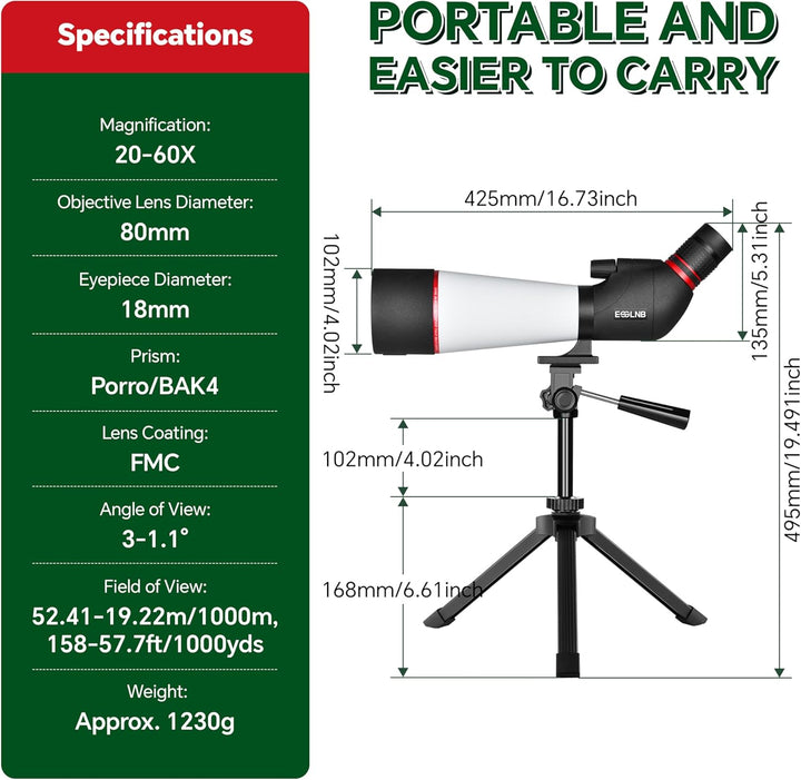 ESSLNB Spektiv 20-60X80 mit Stativ Smartphone Adapter und Tasche 100 Prozent Wasserdicht BAK4 Vollst