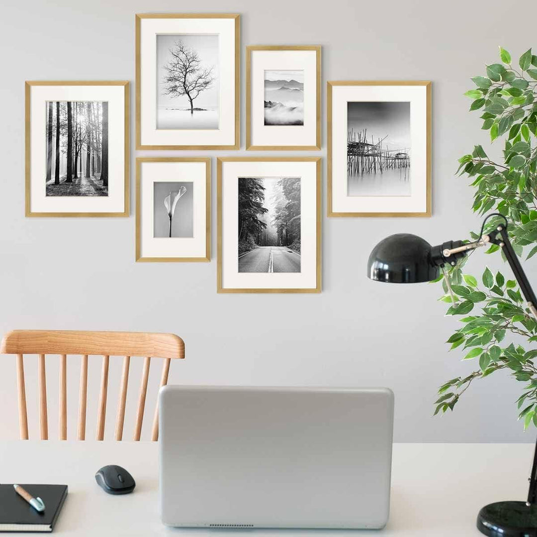 PHOTOLINI goldene Bilderrahmen Set verschiedene Grössen, 6 MDF Holz Bilderrahmen mit Passepartout, B