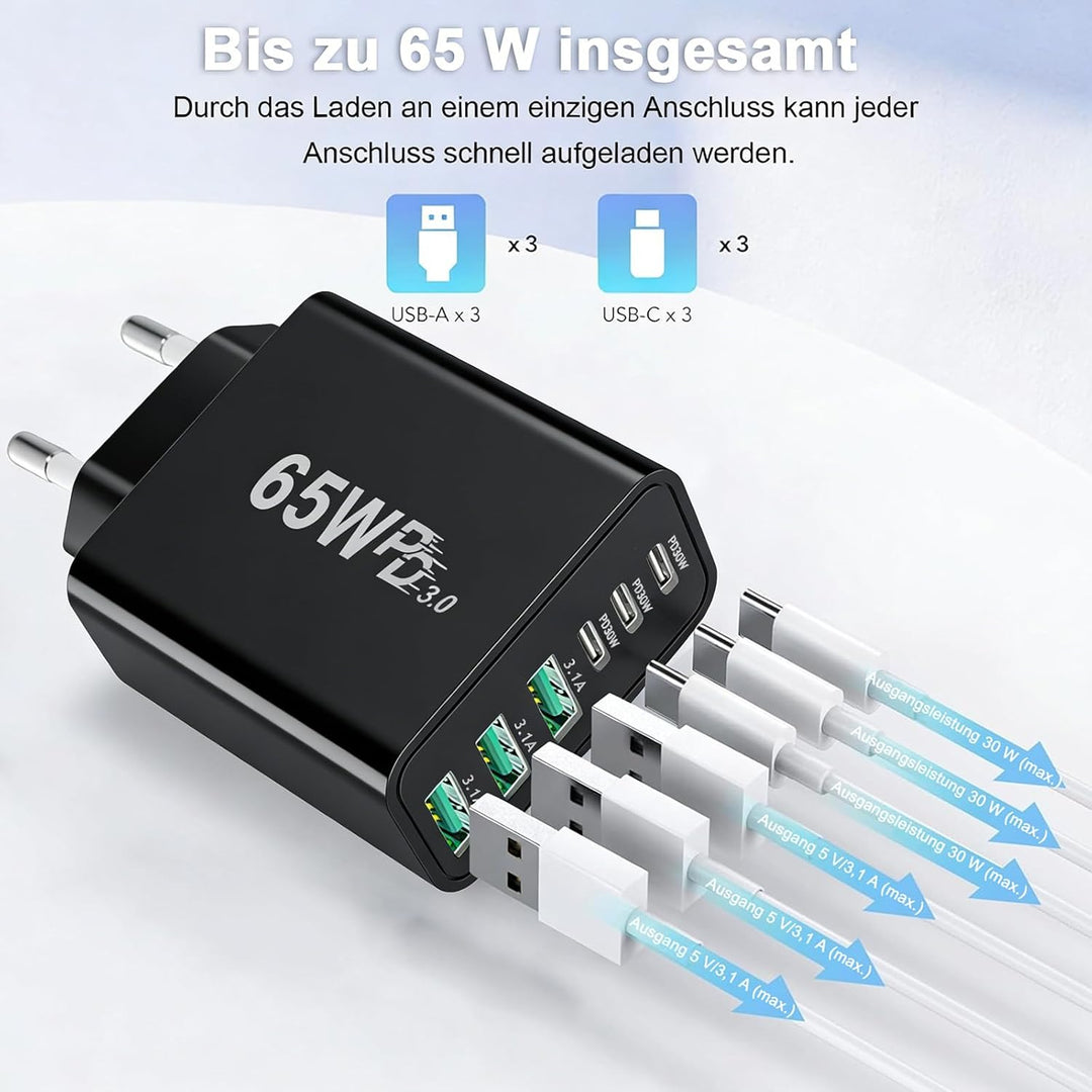 65W GaN Mehrfachladegerät 6 Port, Kompaktes USB-C Schnellladegerät mit 3×USB-C PD & 3×USB-A Anschlüs
