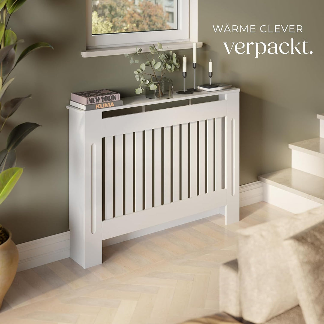 tectake® Heizkörperverkleidung, Holzverkleidung MDF, Heizungsverkleidung weiss mit Lamellen, Heizkör