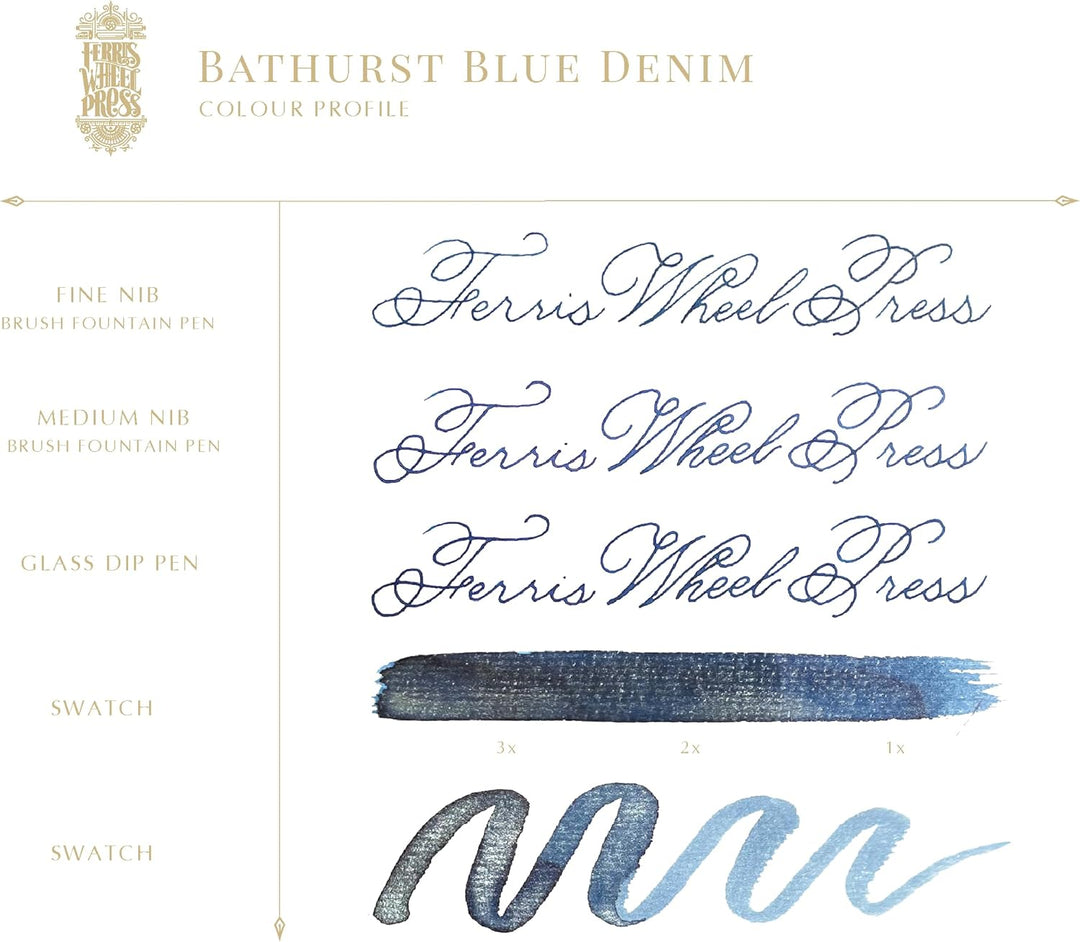 Ferris Wheel Press Fountain Pen Ink | Everyday Ink Collection | Bathurst Blue Denim with Silver Shim