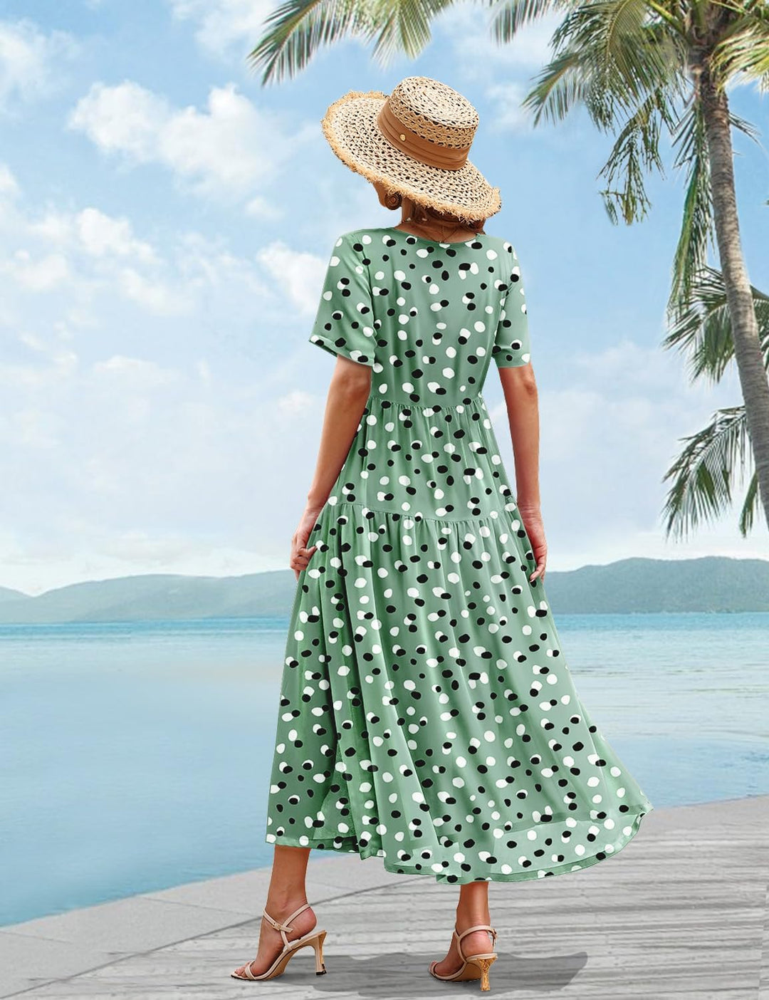 YESNO Damen Kleider Freizeit Lose Sommerkleid Lang Boho Maxikleid für Rundhals Strandkleid Blumenkle