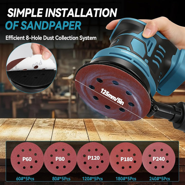 Bürstenloser Exzenterschleifer, kompatibel mit Makita 18V, 125 mm Brushelss Elektrischer Handschleif