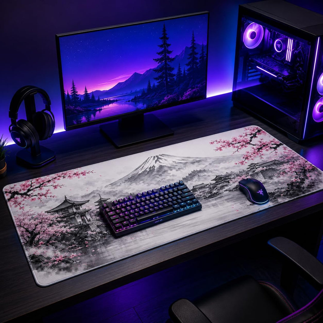 Schreibtischunterlage Mauspad XXL 900 x 400 mm, Japan Landschaft Gaming Mousepad mit rutschfester Gu