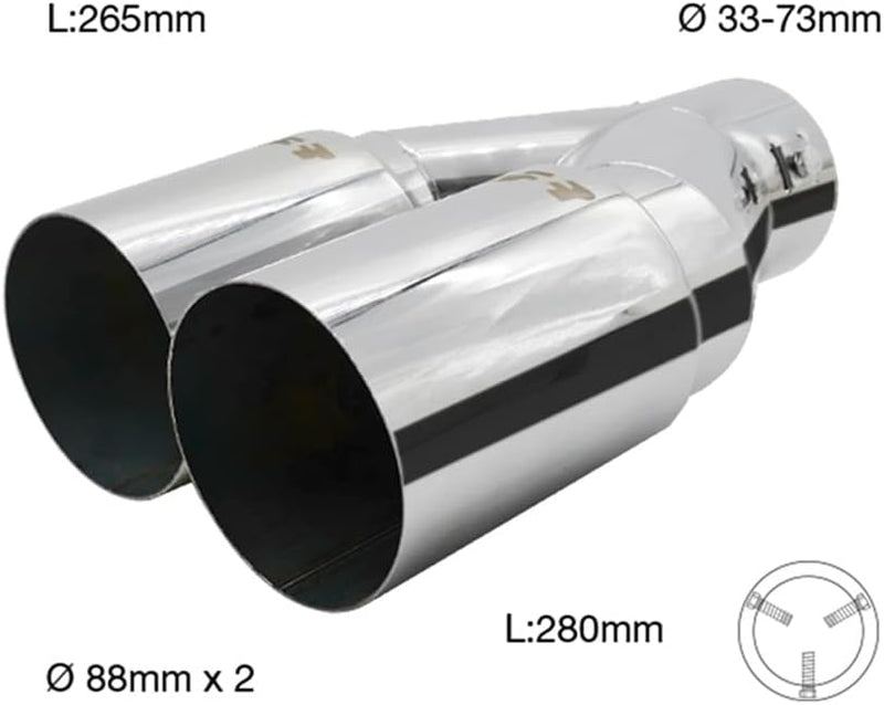 Simoni Racing Auspuffzierstück Doppel Rund Edelstahl - Ø88xL265/280mm - Anschluss 33->73mm