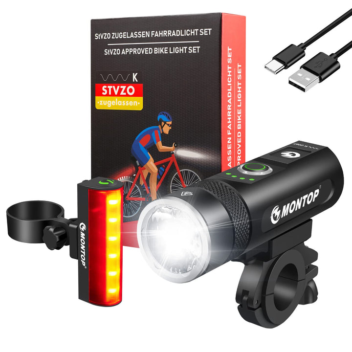 MONTOP StVZO Zugelassen Fahrradlicht Set 100LUX Super Hell LED Fahrradbeleuchtung USB Akku Fahrradla
