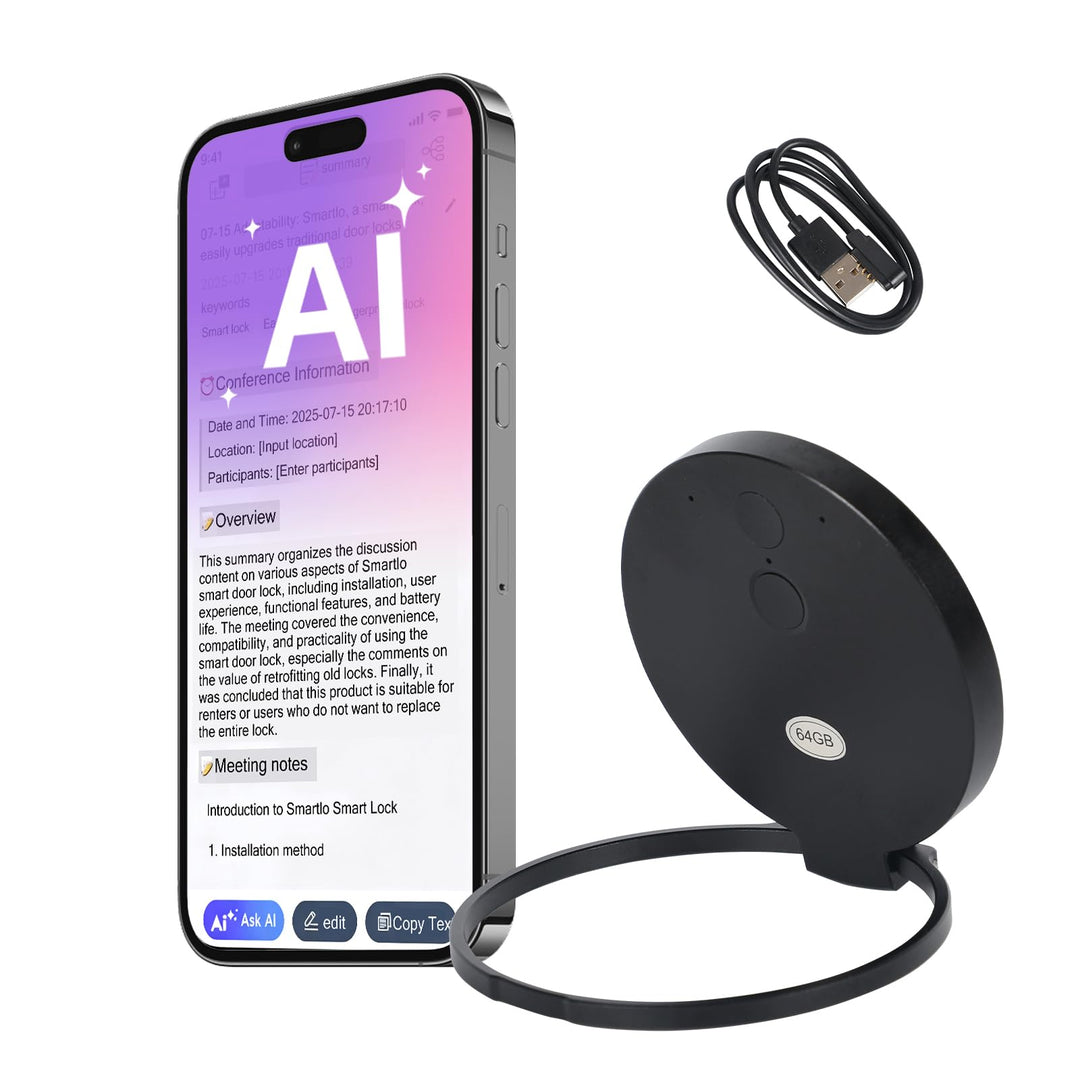 KI Digitales Diktiergerät, 64GB Notizrekorder mit Magnet & Handy-Halterung, Transkription & Zusammen