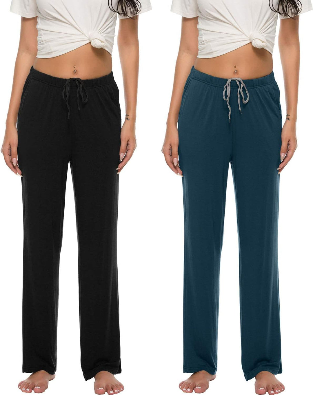 MoFiz Damen Schlafanzughose Lang Pyjamahose Nachtwäsche Weich Loungehose Freizeithose mit Taschen S
