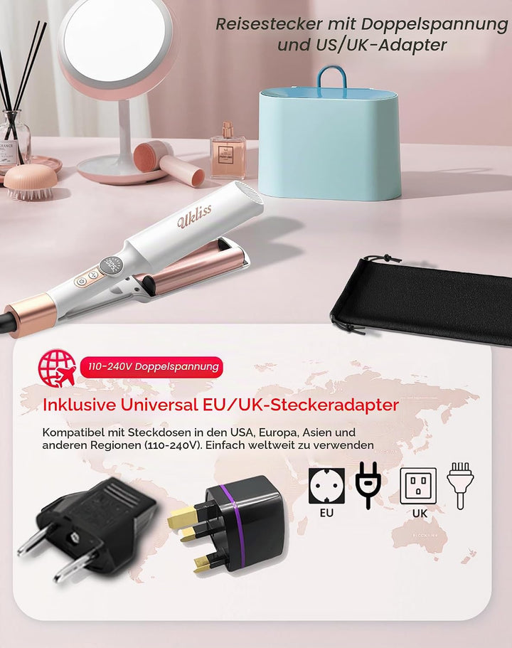 UKLISS Welleneisen - Pro Mini Welleneisen für Haare mit 2 Reiseadaptern, LCD-Anzeige [120-210℃] Beac