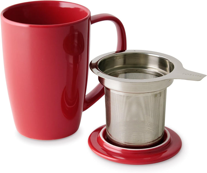FORLIFE Curve Teetasse mit Teesieb und Deckel, 425 ml, Rot, Rot