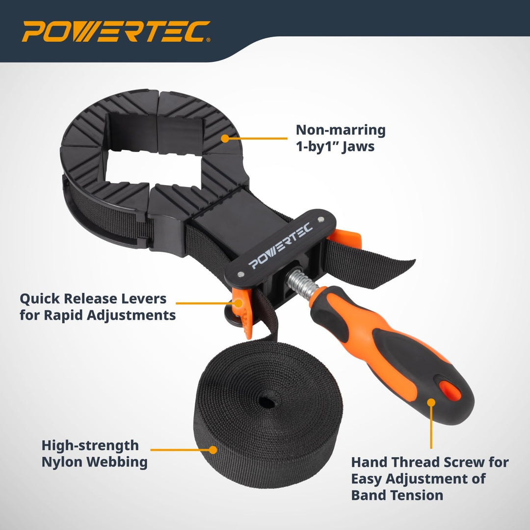 POWERTEC 71101 Deluxe Schnellspann-Gurtklemme | Holzbearbeitungsrahmen Spannbandhalter, schwarz 4 m