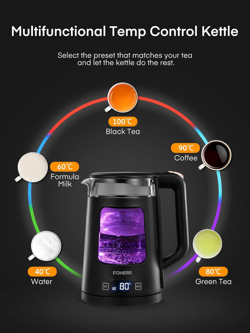 Elektrischer Wasserkocher mit Temperatureinstellung,1.7L Glas Wasserkocher mit Warmhaltefunktion, 22