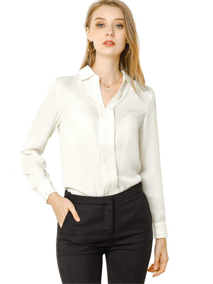 Allegra K Damen Satin Bluse Langarm Hemdkragen V-Ausschnitt Shirt Elegant Top M Weiss, M Weiss