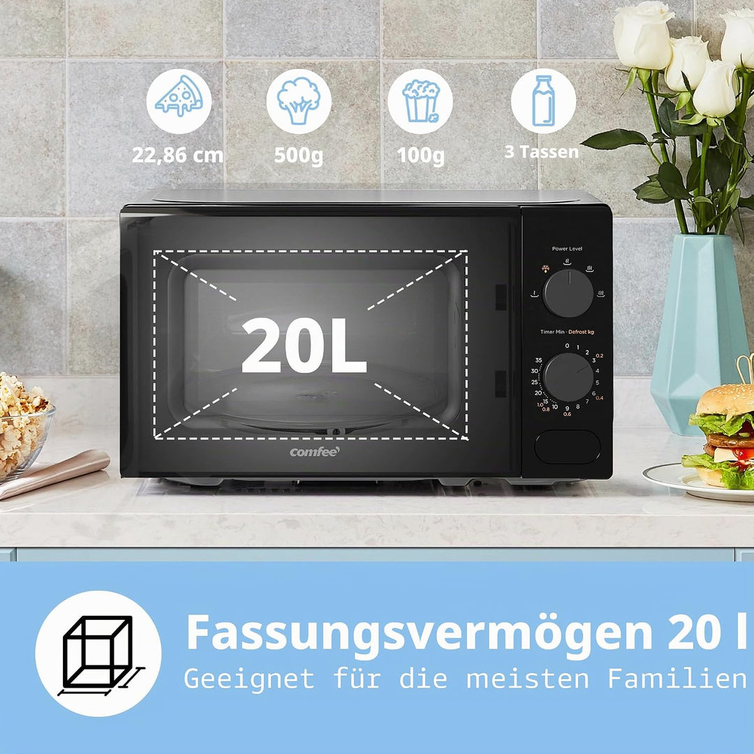 COMFEE' Mikrowelle, Schwarz, 20 Liter, 700 W, 5 Leistungsstufen, Schnellauftaufunktion, manueller Ti