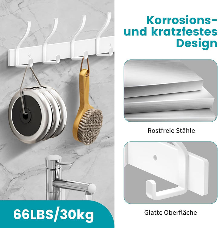 Garderobenhaken Edelstahl Garderobenleiste Weiss Kleiderhaken Wand Wandhaken mit 4 Haken, Hakenleist