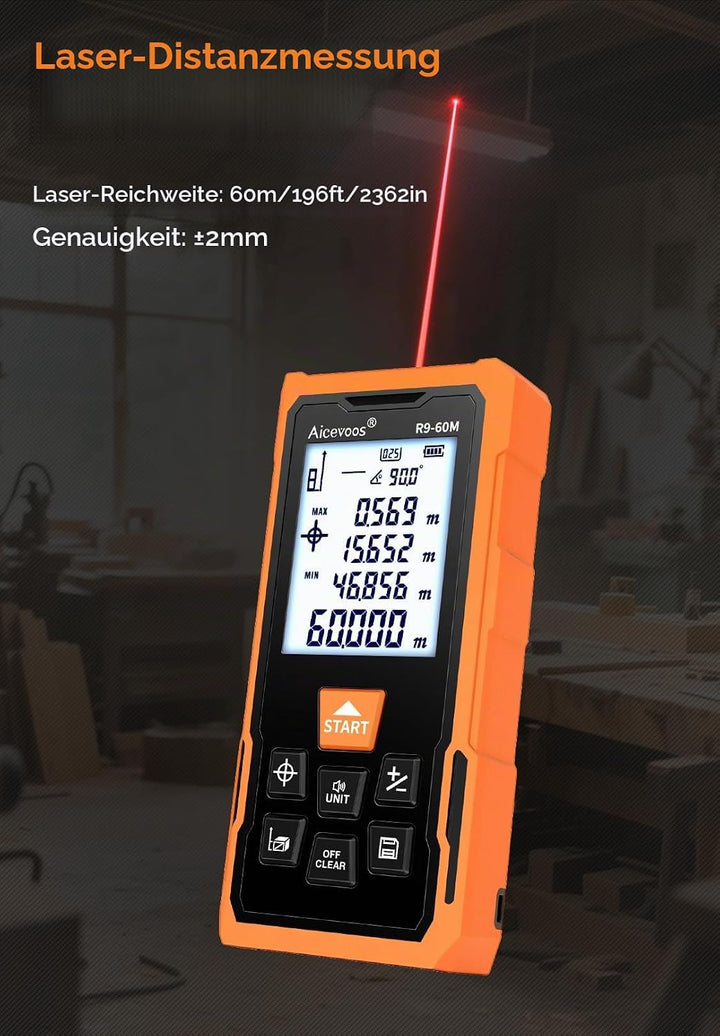 Aicevoos R9 Laser Entfernungsmesser Hohe Genauigkeit, 60 m, Laser-Massband, Compaktes Laser-Messgerä